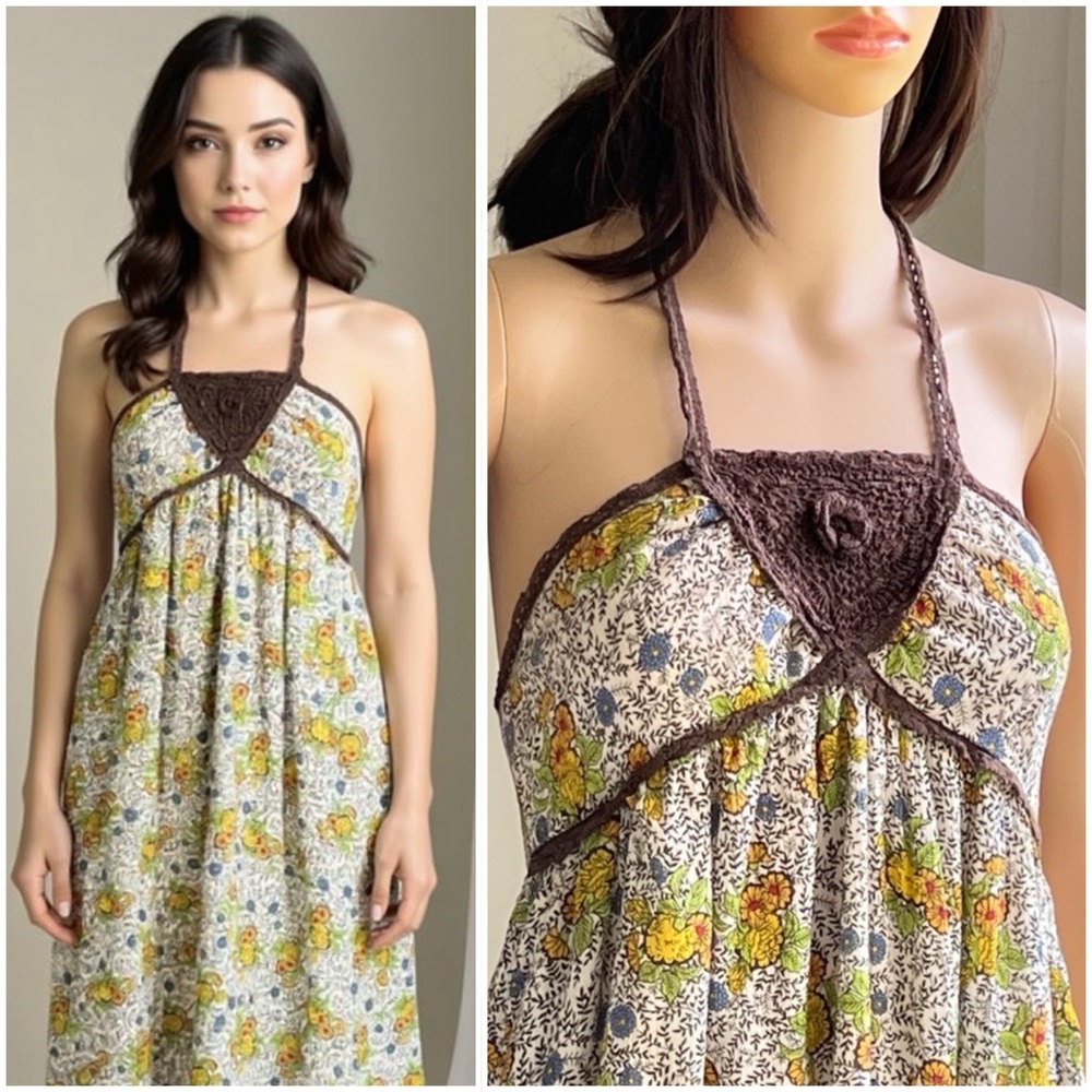 Free People Vintage Y2K Brown Floral Crochet Cotton Babydoll Dress Size 4